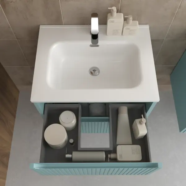 Mueble de baño suspendido 2 cajones TOSCANA  con lavabo porcelana acabado squadratto TURQUESA - Imagen 2