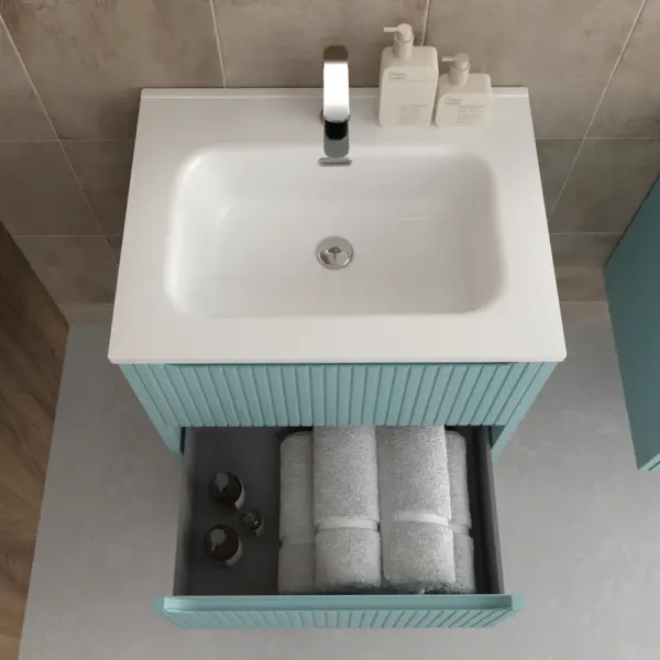 Mueble de baño suspendido 2 cajones TOSCANA  con lavabo porcelana acabado squadratto TURQUESA - Imagen 3