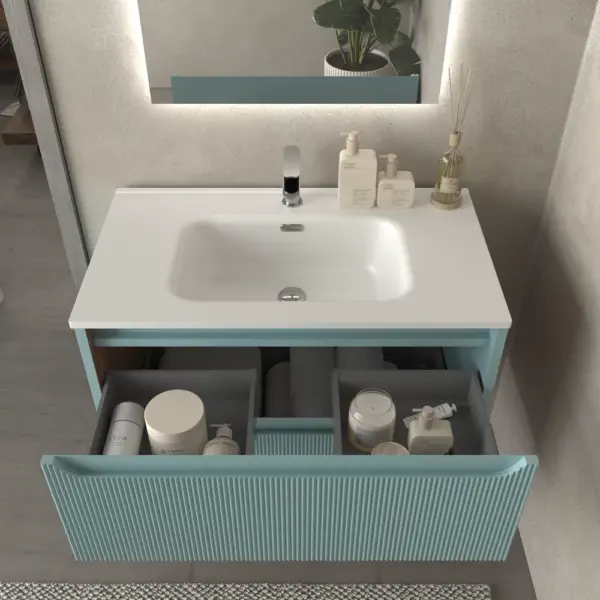 Mueble de baño suspendido 2 cajones TOSCANA  con lavabo porcelana acabado millerigue TURQUESA - Imagen 4