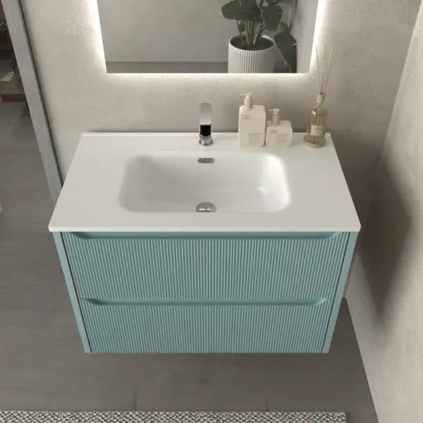 Mueble de baño suspendido 2 cajones TOSCANA  con lavabo porcelana acabado millerigue TURQUESA - Imagen 3