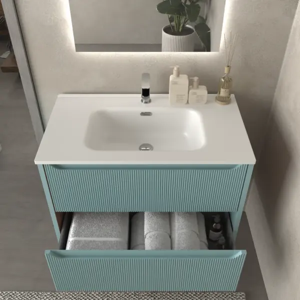 Mueble de baño suspendido 2 cajones TOSCANA  con lavabo porcelana acabado millerigue TURQUESA - Imagen 2