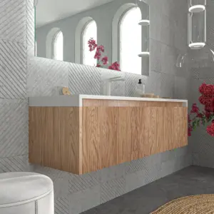 Mueble de baño BINARIO 3 cajones 179 cm CEMBRANO - Encimera SOLID SURFACE 2 senos con agujero griferia blanco - Mueble BINARIO 2 puertas  55 cm CEMBRANO - Encimera SOLID SURFACE  con agujero griferia centrado Blanco