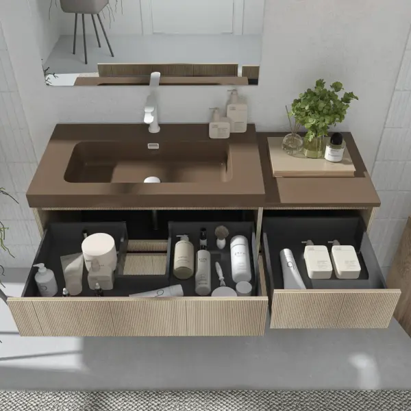 Mueble de baño suspendido 4 cajones  YOKO Alcatraz con lavabo con repisa resina Marrón pardo - Imagen 2