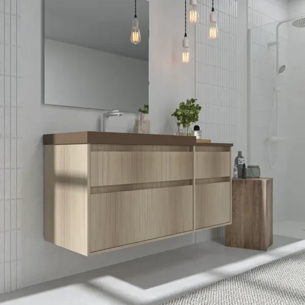 Mueble de baño suspendido 4 cajones  YOKO Alcatraz con lavabo con repisa resina Marrón pardo - Imagen 4