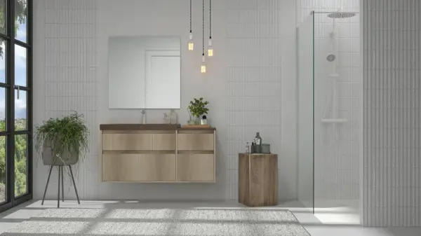 Mueble de baño suspendido 4 cajones  YOKO Alcatraz con lavabo con repisa resina Marrón pardo - Imagen 5