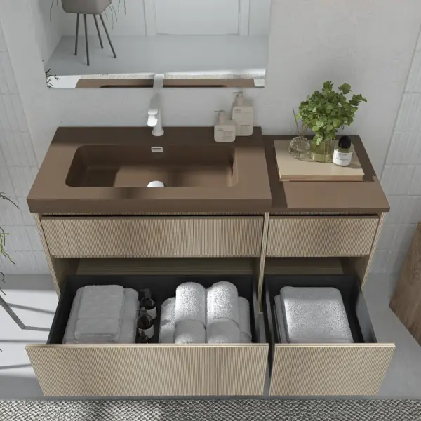 Mueble de baño suspendido 4 cajones  YOKO Alcatraz con lavabo con repisa resina Marrón pardo - Imagen 3