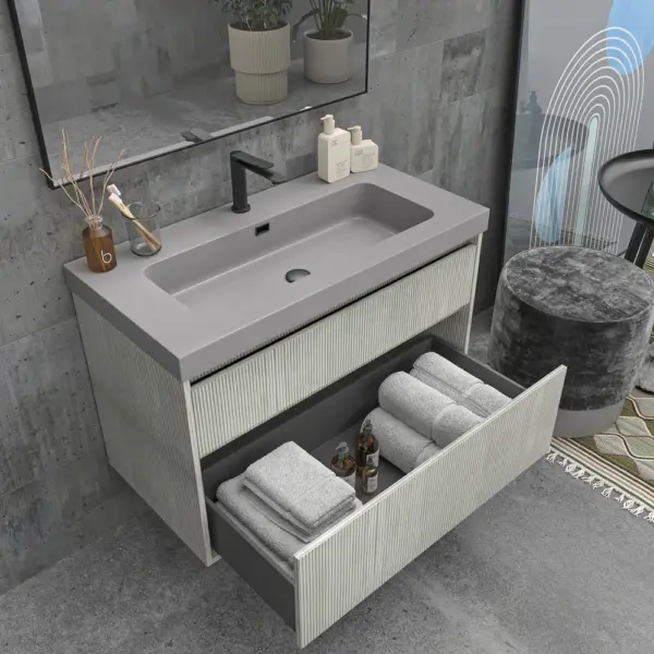 Mueble de baño suspendido 2 cajones YOKO Polar con lavabo resina  Gris Platino - Imagen 3
