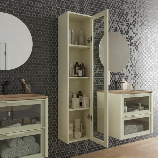 Mueble de baño suspendido 2 cajones frente cristal BETA  con lavabo Solid Surface CREMA - Imagen 2