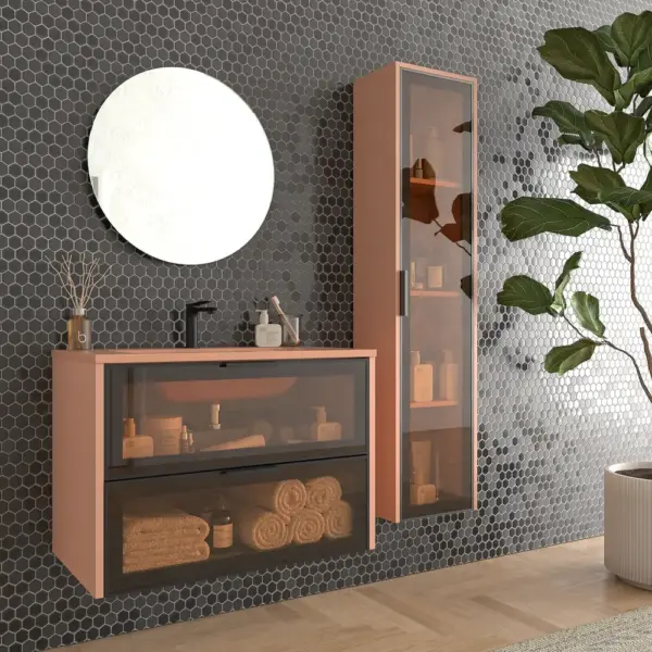 Mueble de baño suspendido 2 cajones frente cristal gris BETA  con lavabo Solid Surface ROJO BEIGE
