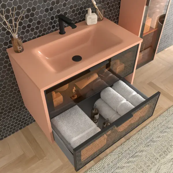 Mueble de baño suspendido 2 cajones frente cristal gris BETA  con lavabo Solid Surface ROJO BEIGE - Imagen 5