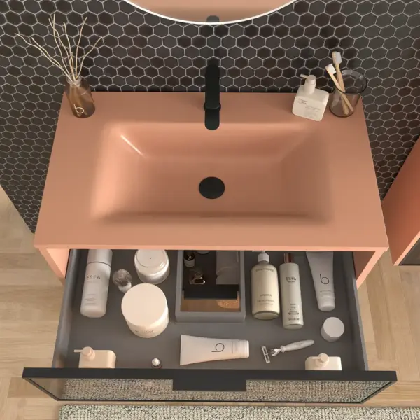 Mueble de baño suspendido 2 cajones frente cristal gris BETA  con lavabo Solid Surface ROJO BEIGE - Imagen 4