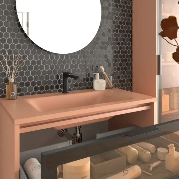 Mueble de baño suspendido 2 cajones frente cristal gris BETA  con lavabo Solid Surface ROJO BEIGE - Imagen 3