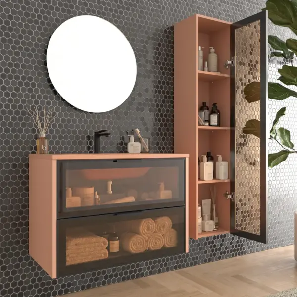 Mueble de baño suspendido 2 cajones frente cristal gris BETA  con lavabo Solid Surface ROJO BEIGE - Imagen 2