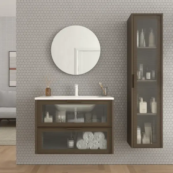 Mueble de baño suspendido 2 cajones frente cristal acanalado BETA  con lavabo Solid Surface MARRON TERRA