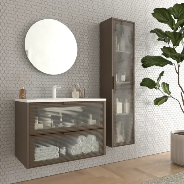 Mueble de baño suspendido 2 cajones frente cristal acanalado BETA  con lavabo Solid Surface MARRON TERRA - Imagen 6