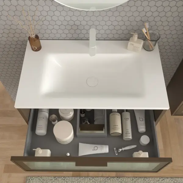 Mueble de baño suspendido 2 cajones frente cristal acanalado BETA  con lavabo Solid Surface MARRON TERRA - Imagen 4