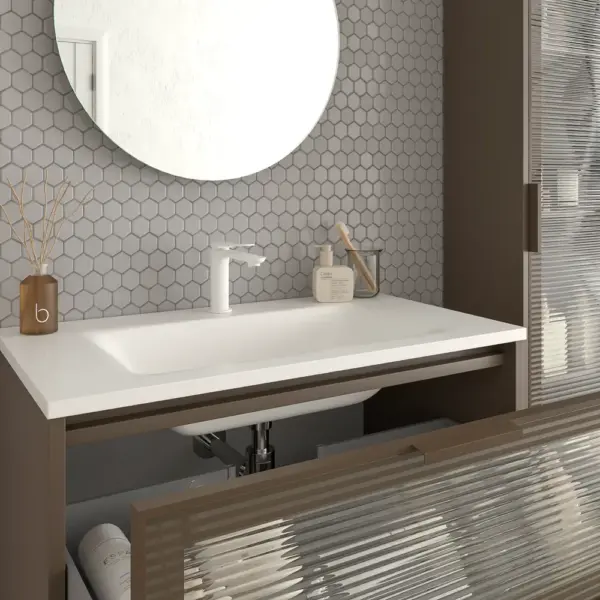 Mueble de baño suspendido 2 cajones frente cristal acanalado BETA  con lavabo Solid Surface MARRON TERRA - Imagen 2