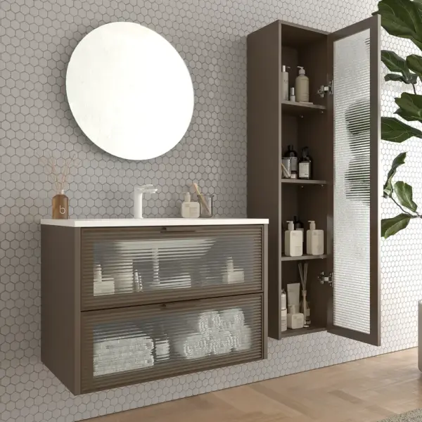 Mueble de baño suspendido 2 cajones frente cristal acanalado BETA  con lavabo Solid Surface MARRON TERRA - Imagen 3