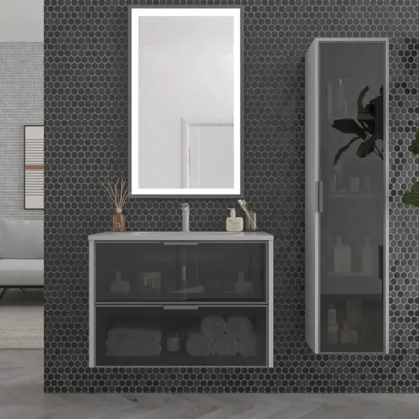 Mueble de baño suspendido 2 cajones frente cristal gris  BETA  con lavabo Solid Surface GRIS SEÑAL - Imagen 5