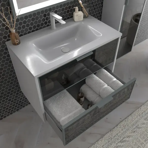 Mueble de baño suspendido 2 cajones frente cristal gris  BETA  con lavabo Solid Surface GRIS SEÑAL - Imagen 4