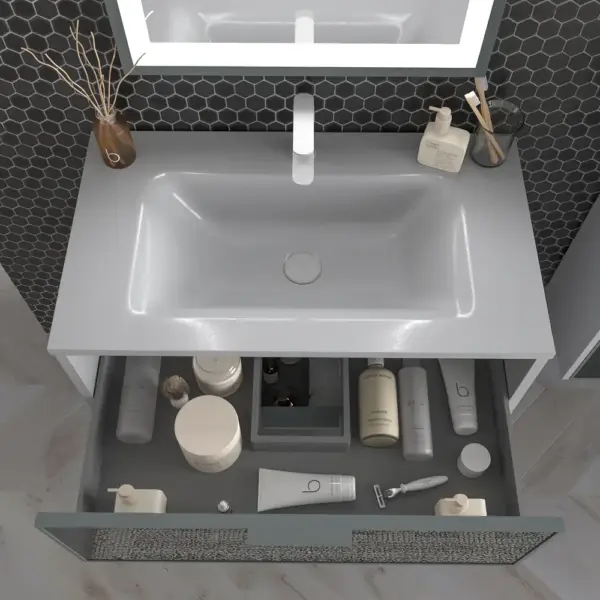 Mueble de baño suspendido 2 cajones frente cristal gris  BETA  con lavabo Solid Surface GRIS SEÑAL - Imagen 2