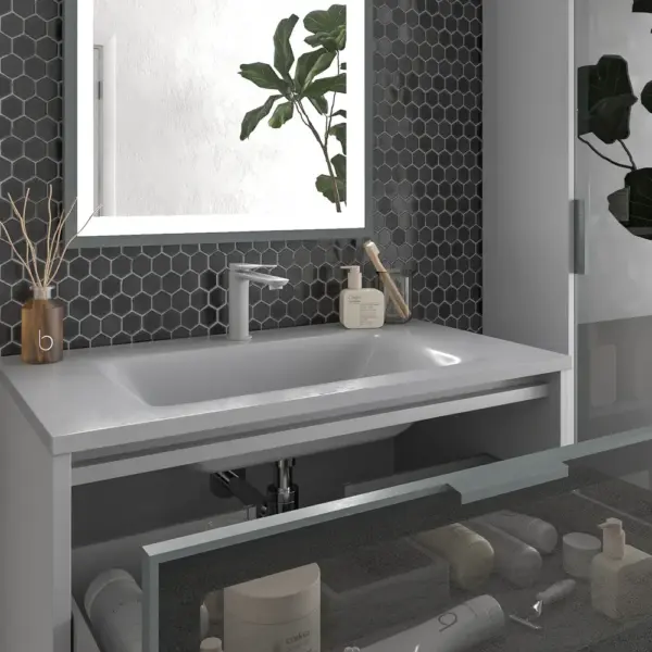 Mueble de baño suspendido 2 cajones frente cristal gris  BETA  con lavabo Solid Surface GRIS SEÑAL - Imagen 6