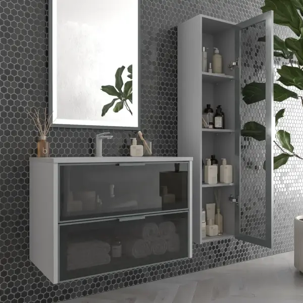 Mueble de baño suspendido 2 cajones frente cristal gris  BETA  con lavabo Solid Surface GRIS SEÑAL - Imagen 3