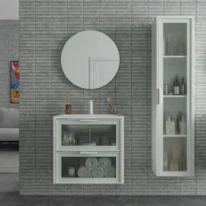 Mueble de baño suspendido 2 cajones frente cristal acanalado BETA  con lavabo Solid Surface  BLANCO
