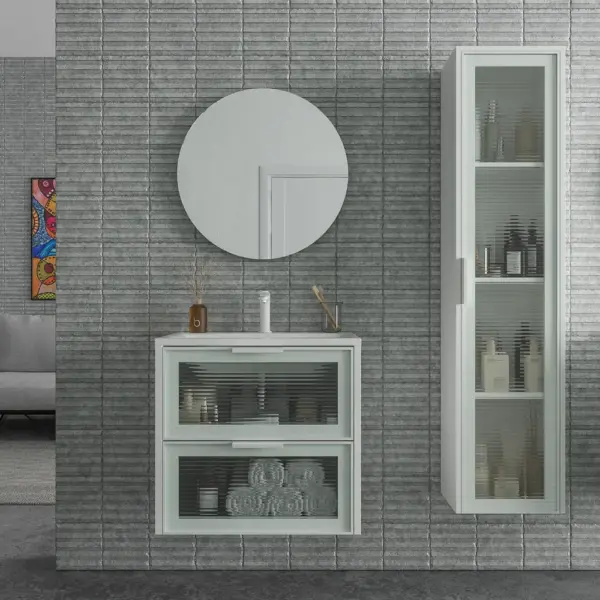 Mueble de baño suspendido 2 cajones frente cristal acanalado BETA  con lavabo Solid Surface  BLANCO