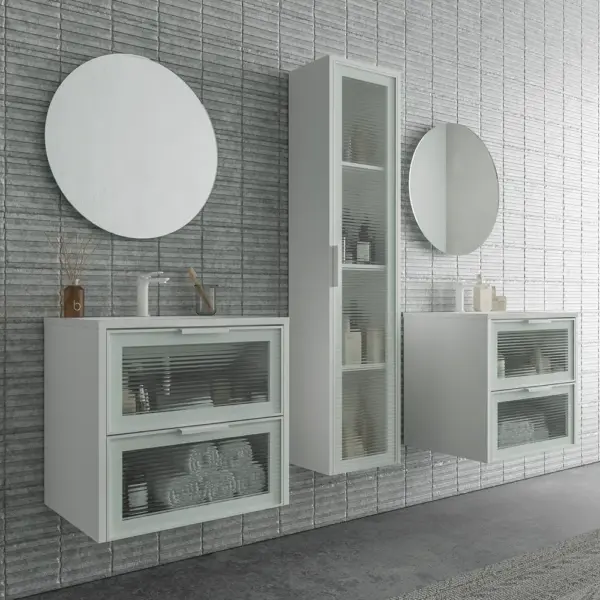 Mueble de baño suspendido 2 cajones frente cristal acanalado BETA  con lavabo Solid Surface  BLANCO - Imagen 3