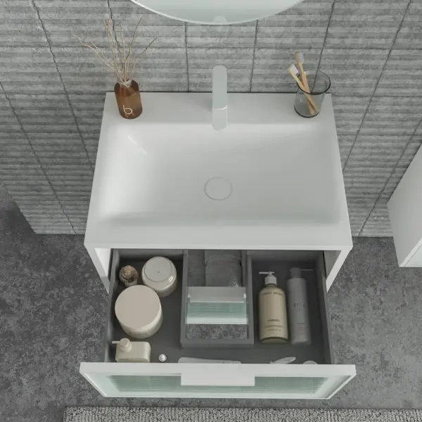 Mueble de baño suspendido 2 cajones frente cristal acanalado BETA  con lavabo Solid Surface  BLANCO - Imagen 2