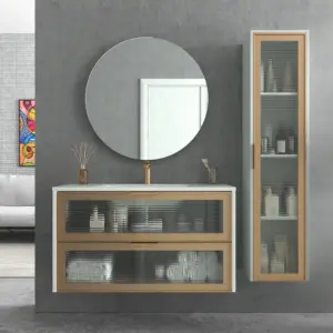 Mueble de baño suspendido 2 cajones  frente cristal acanalado BETA  con lavabo Solid Surface   GRIS