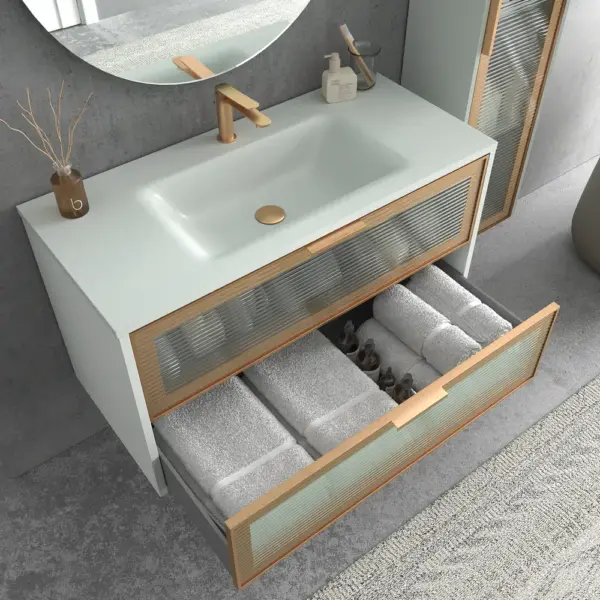 Mueble de baño suspendido 2 cajones  frente cristal acanalado BETA  con lavabo Solid Surface   GRIS - Imagen 4