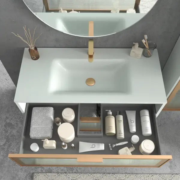 Mueble de baño suspendido 2 cajones  frente cristal acanalado BETA  con lavabo Solid Surface   GRIS - Imagen 2