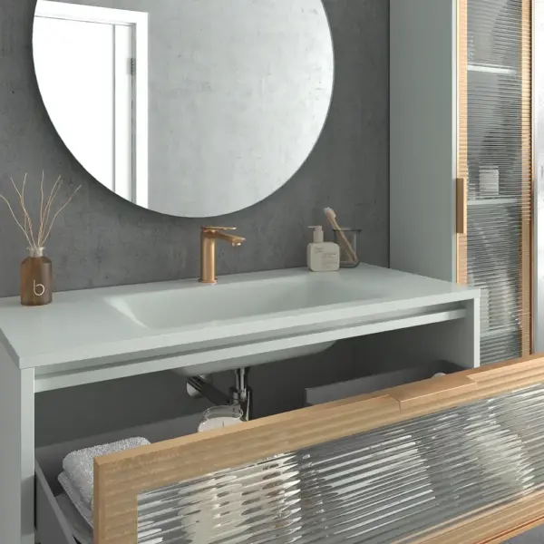 Mueble de baño suspendido 2 cajones  frente cristal acanalado BETA  con lavabo Solid Surface   GRIS - Imagen 3