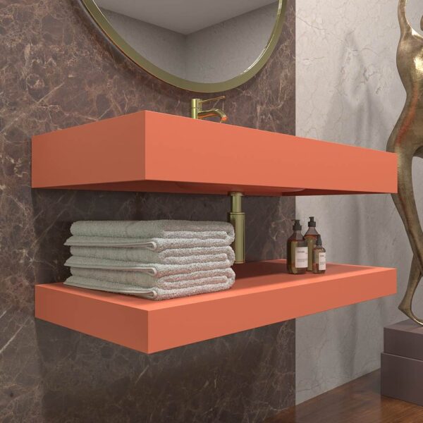 Lavabo suspendido LIDO un seno centrado  SOLID SURFACE Naranja salmón - Imagen 2