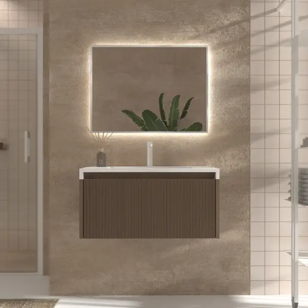 Mueble de baño BINARIO suspendido 1 cajón acabado  MARRON CLARO
