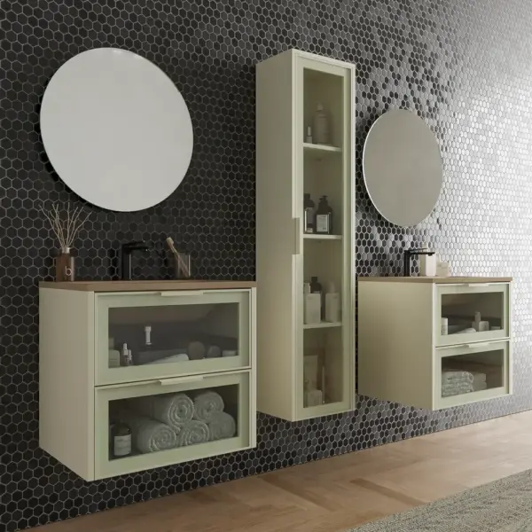 Mueble de baño suspendido 2 cajones frente cristal BETA  con lavabo Solid Surface CREMA - Imagen 6