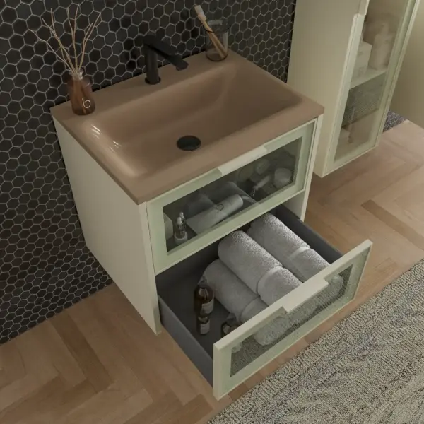 Mueble de baño suspendido 2 cajones frente cristal BETA  con lavabo Solid Surface CREMA - Imagen 5