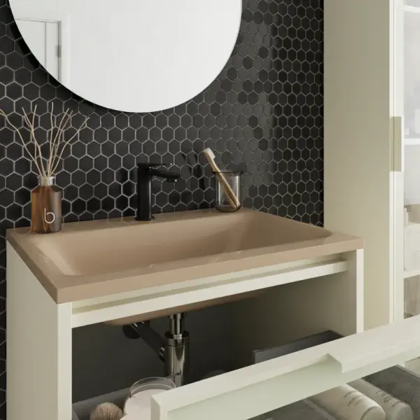 Mueble de baño suspendido 2 cajones frente cristal BETA  con lavabo Solid Surface CREMA - Imagen 3