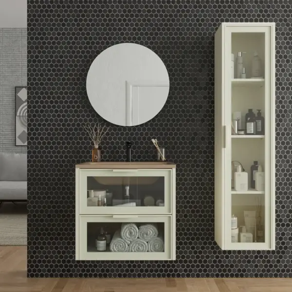 Mueble de baño suspendido 2 cajones frente cristal BETA  con lavabo Solid Surface CREMA