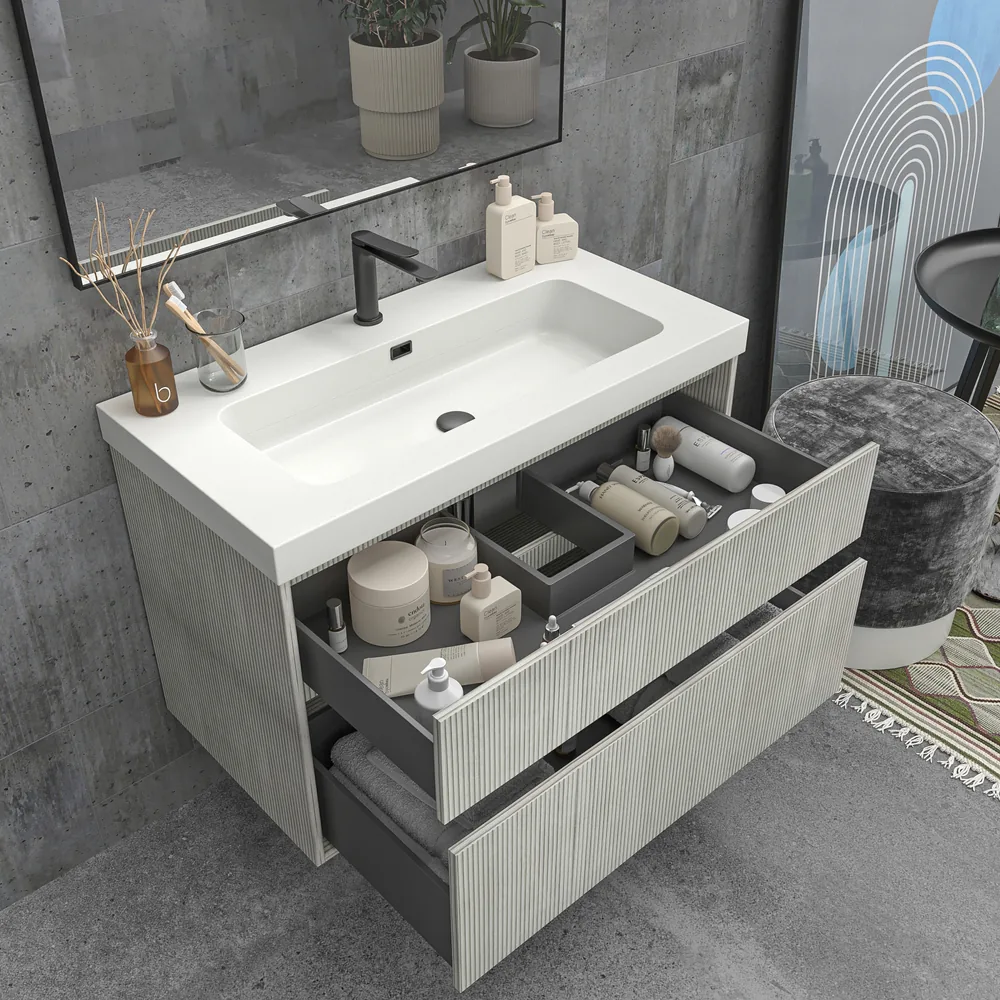 Mueble de baño suspendido 2 cajones YOKO Polar con lavabo resina Blanco 4 Mueble de baño suspendido 2 cajones YOKO Polar con lavabo resina  Blanco - Imagen 4