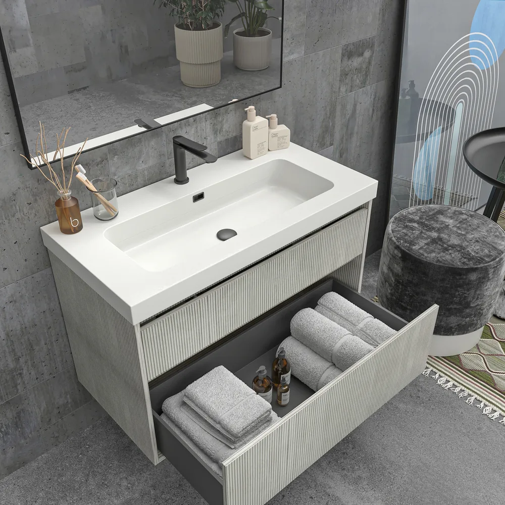 Mueble de baño suspendido 2 cajones YOKO Polar con lavabo resina Blanco 2 Mueble de baño suspendido 2 cajones YOKO Polar con lavabo resina  Blanco - Imagen 2
