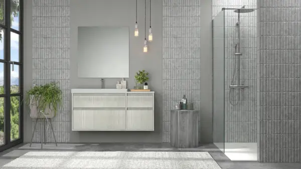 Mueble de baño suspendido 4 cajones  YOKO Polar  con lavabo con repisa resina Blanco - Imagen 5