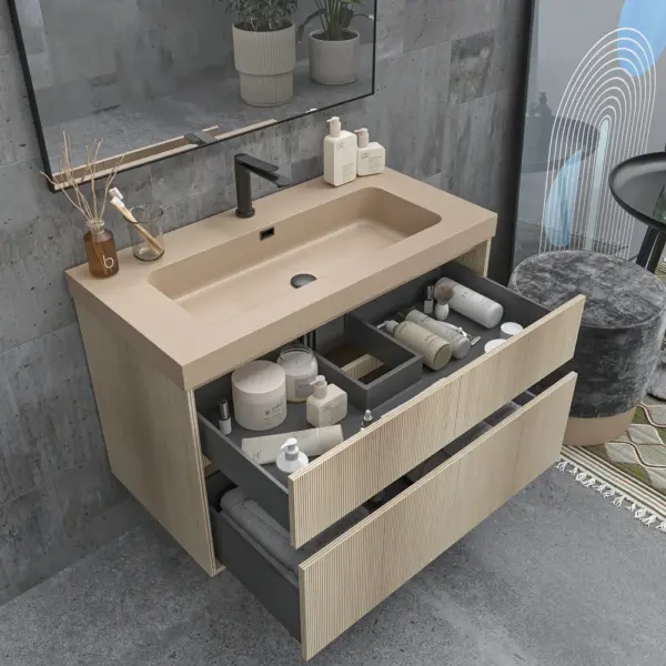 Mueble de baño suspendido 2 cajones YOKO  Alcatraz con lavabo resina  Beige Pardo - Imagen 2