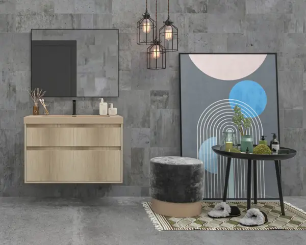 Mueble de baño suspendido 2 cajones YOKO  Alcatraz con lavabo resina  Beige Pardo - Imagen 4