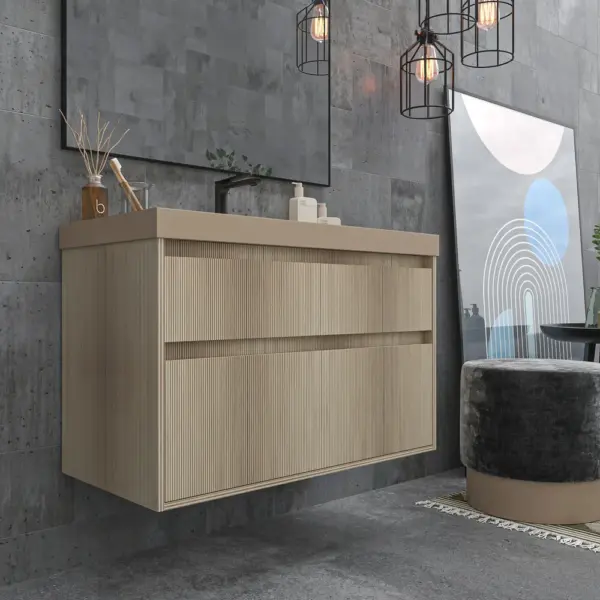 Mueble de baño suspendido 2 cajones YOKO  Alcatraz con lavabo resina  Beige Pardo