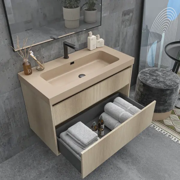Mueble de baño suspendido 2 cajones YOKO  Alcatraz con lavabo resina  Beige Pardo - Imagen 3