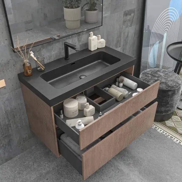 Mueble de baño suspendido 2 cajones YOKO Bastilla con lavabo resina  Negro - Imagen 4