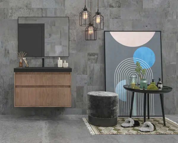 Mueble de baño suspendido 2 cajones YOKO Bastilla con lavabo resina  Negro - Imagen 3